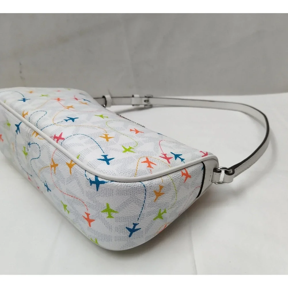 Michael Kors Jet Set White Leather Airplanes Printed Zipper Hobo Bag - NWT